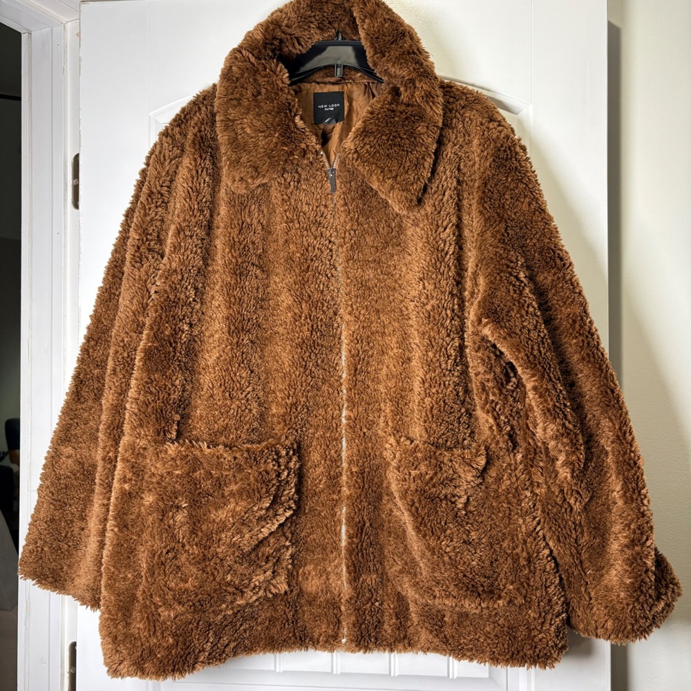 Teddy Jacket Women L Brown Faux Fur Zip Up Curves Fleece Coat